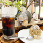 今月の喫茶フランボワーズおすすめのモンブランケーキとクッキーとアイスコーヒー